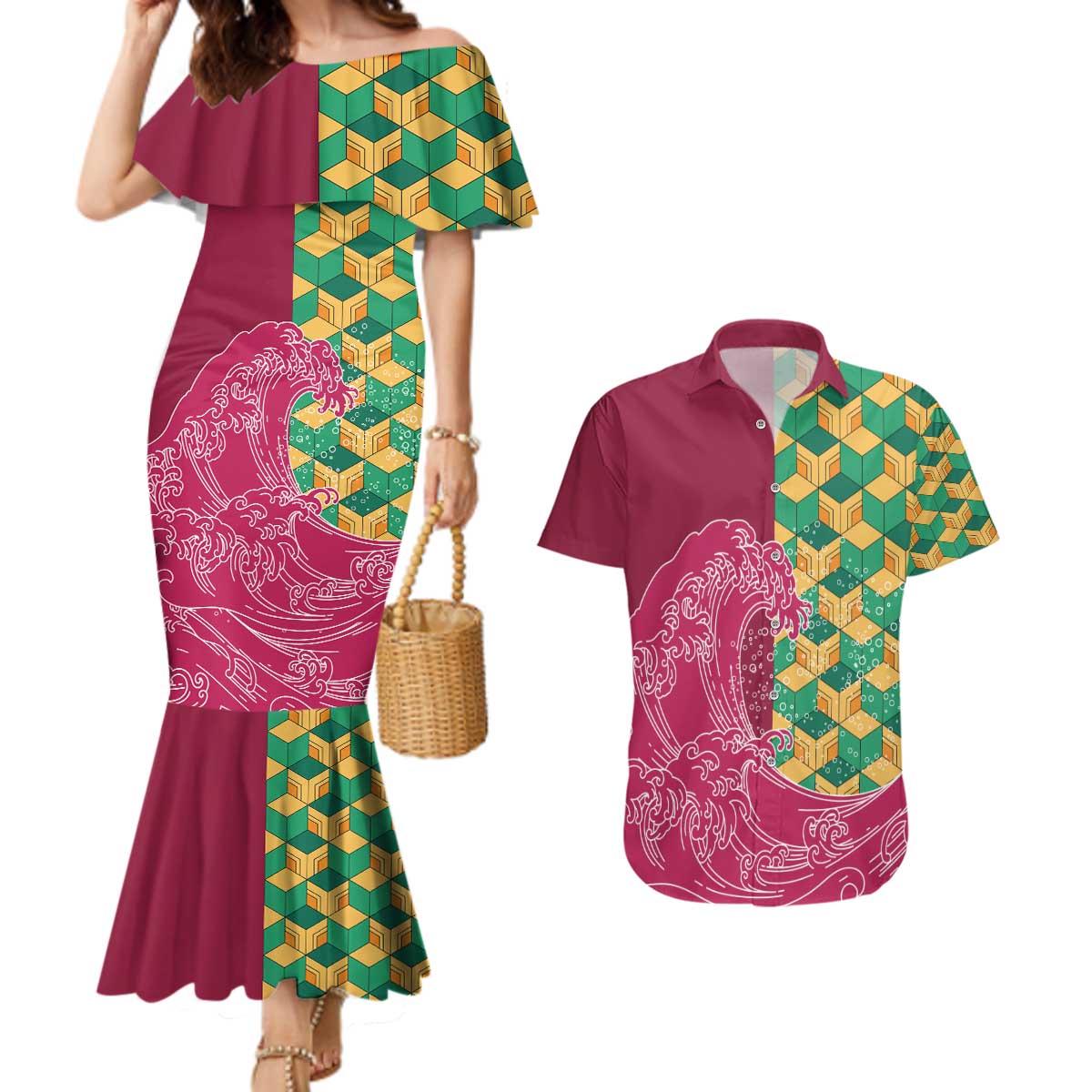 Japanese Bishamon-Kikkou Pattern Couples Matching Mermaid Dress and Hawaiian Shirt Water Pillar Silent River Flow LT9 Burgundy - Polynesian Pride