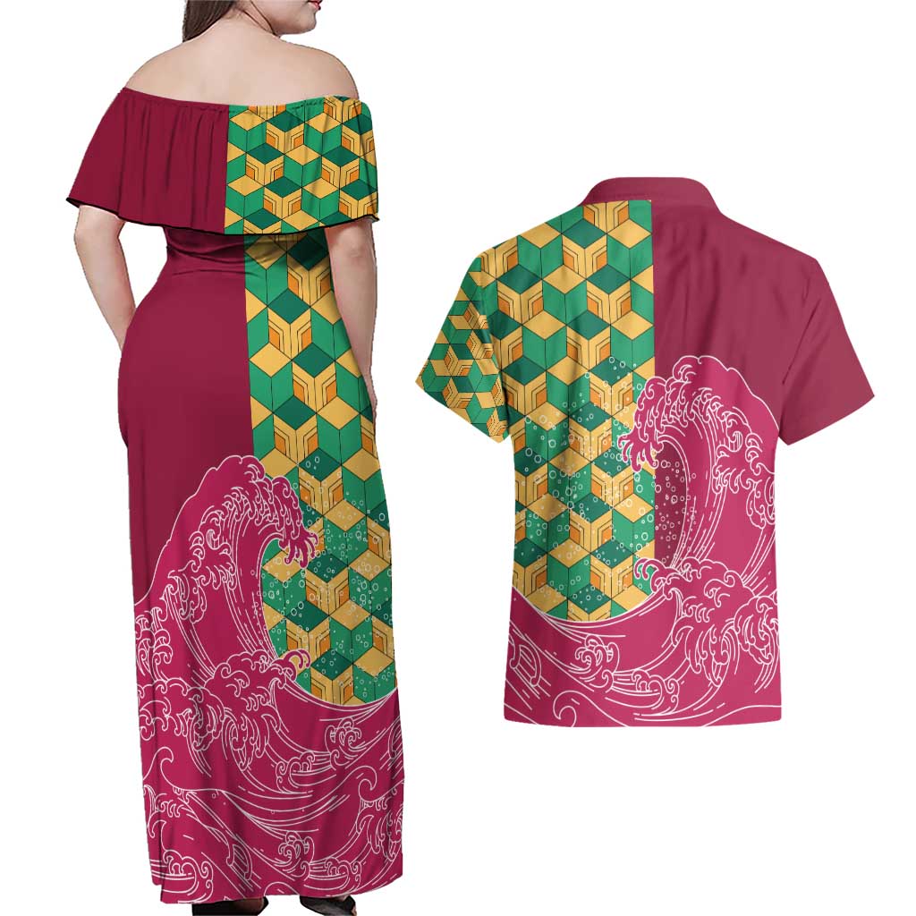 Japanese Bishamon-Kikkou Pattern Couples Matching Off Shoulder Maxi Dress and Hawaiian Shirt Water Pillar Silent River Flow LT9 - Polynesian Pride