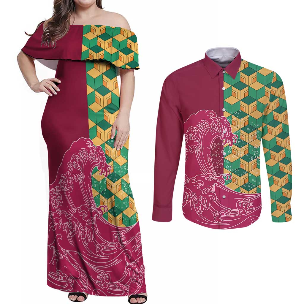 Japanese Bishamon-Kikkou Pattern Couples Matching Off Shoulder Maxi Dress and Long Sleeve Button Shirt Water Pillar Silent River Flow - Polynesian Pride