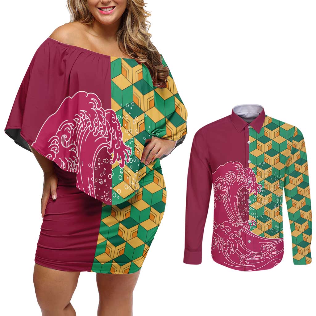 Japanese Bishamon-Kikkou Pattern Couples Matching Off Shoulder Short Dress and Long Sleeve Button Shirt Water Pillar Silent River Flow - Polynesian Pride