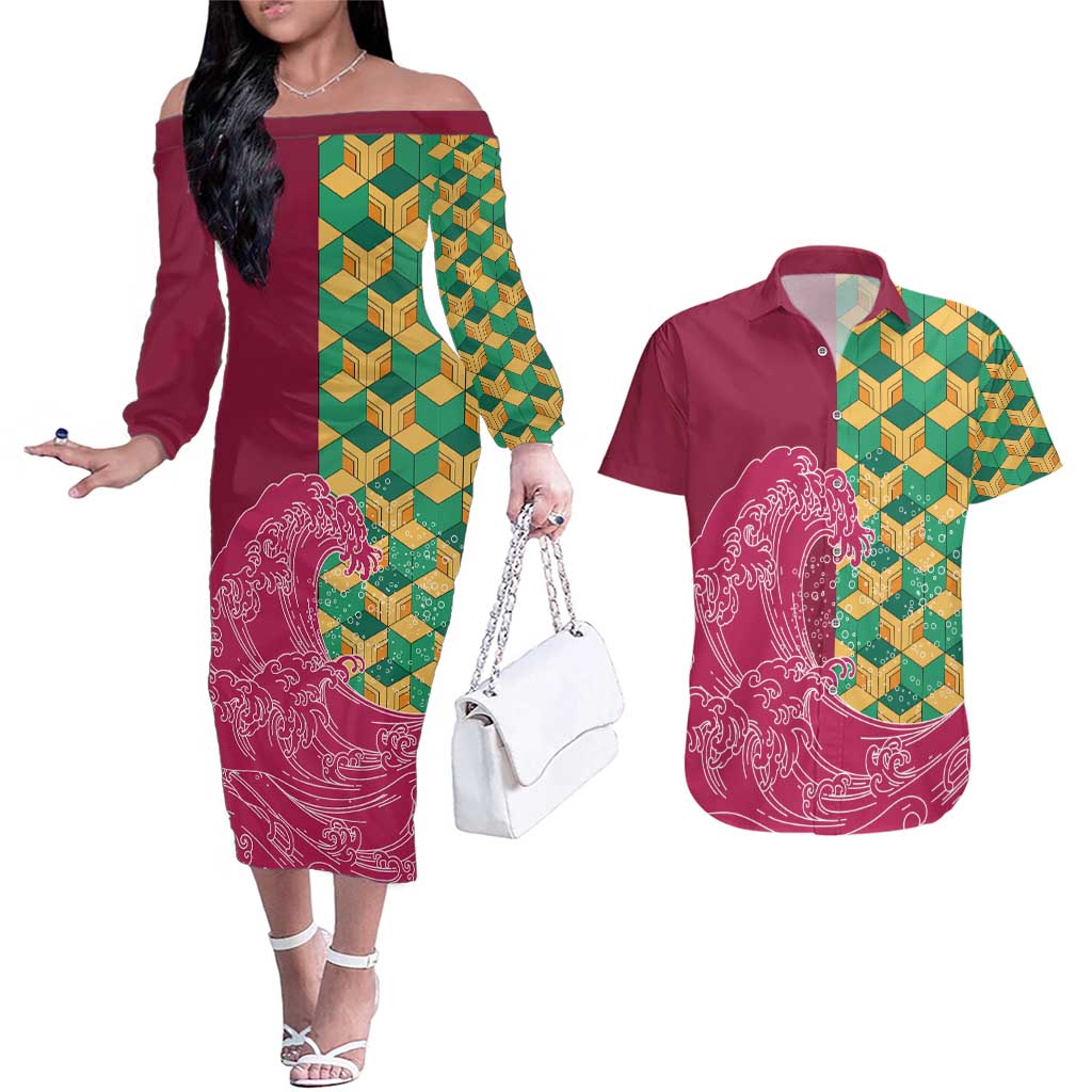 Japanese Bishamon-Kikkou Pattern Couples Matching Off The Shoulder Long Sleeve Dress and Hawaiian Shirt Water Pillar Silent River Flow LT9 Burgundy - Polynesian Pride