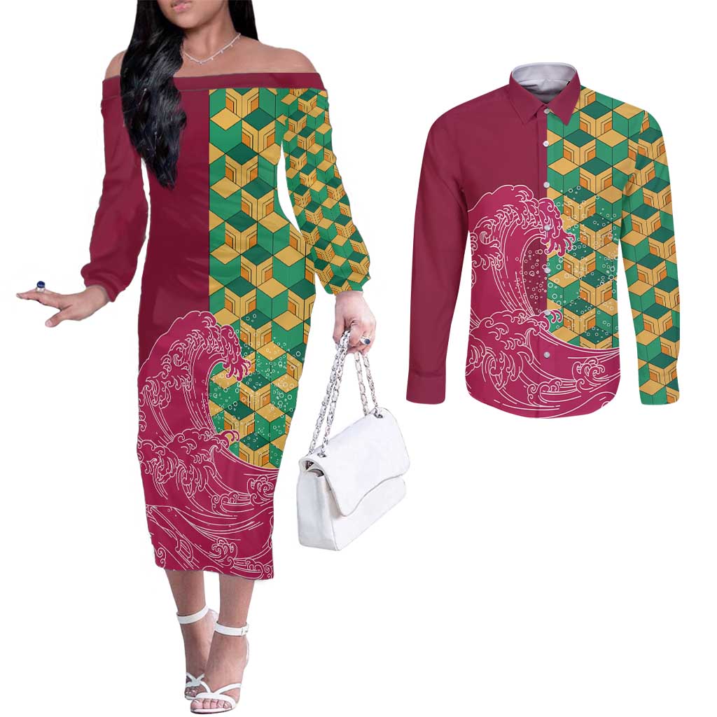 Japanese Bishamon-Kikkou Pattern Couples Matching Off The Shoulder Long Sleeve Dress and Long Sleeve Button Shirt Water Pillar Silent River Flow - Polynesian Pride