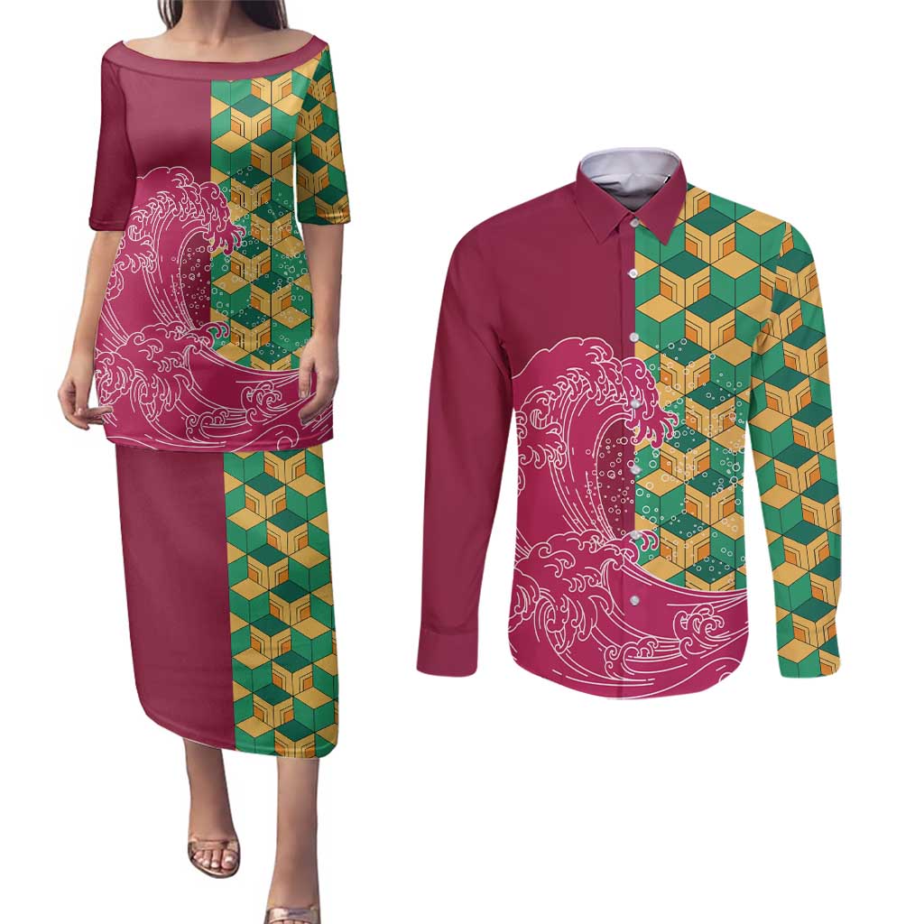 Japanese Bishamon-Kikkou Pattern Couples Matching Puletasi and Long Sleeve Button Shirt Water Pillar Silent River Flow - Polynesian Pride