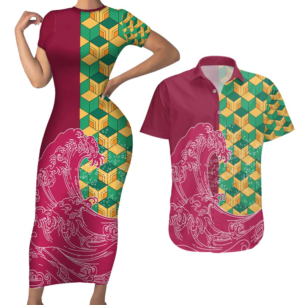 Japanese Bishamon-Kikkou Pattern Couples Matching Short Sleeve Bodycon Dress and Hawaiian Shirt Water Pillar Silent River Flow LT9 Burgundy - Polynesian Pride