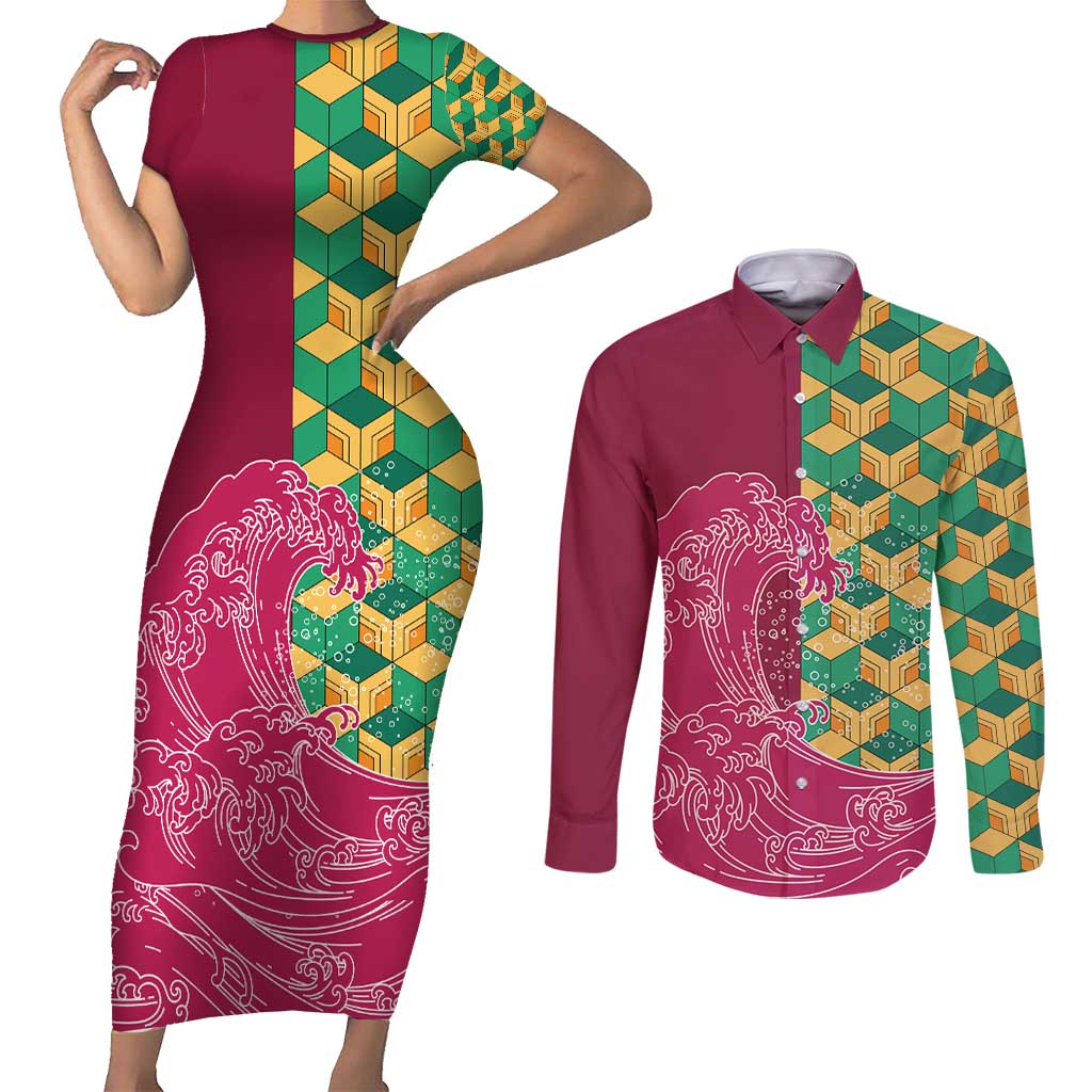 Japanese Bishamon-Kikkou Pattern Couples Matching Short Sleeve Bodycon Dress and Long Sleeve Button Shirt Water Pillar Silent River Flow - Polynesian Pride
