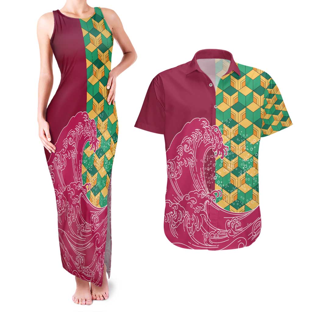 Japanese Bishamon-Kikkou Pattern Couples Matching Tank Maxi Dress and Hawaiian Shirt Water Pillar Silent River Flow LT9 Burgundy - Polynesian Pride