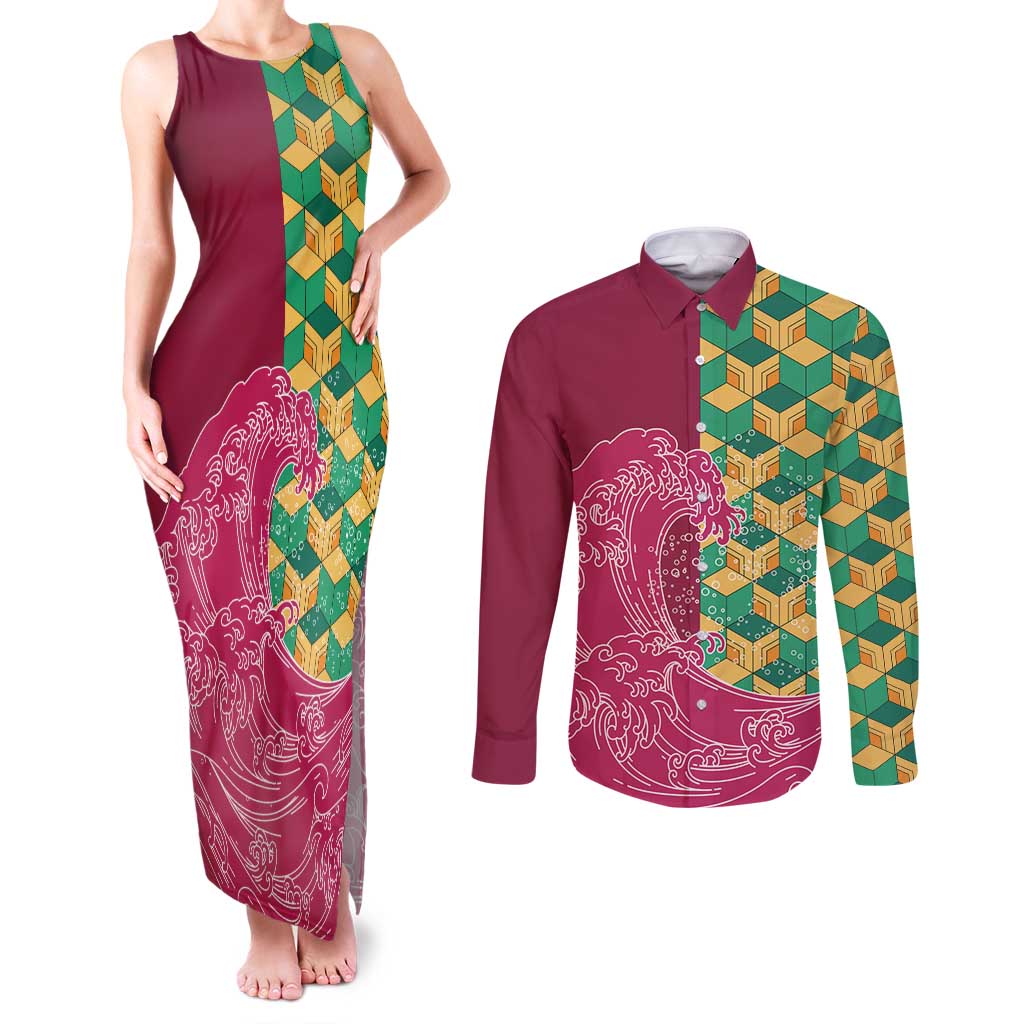 Japanese Bishamon-Kikkou Pattern Couples Matching Tank Maxi Dress and Long Sleeve Button Shirt Water Pillar Silent River Flow - Polynesian Pride