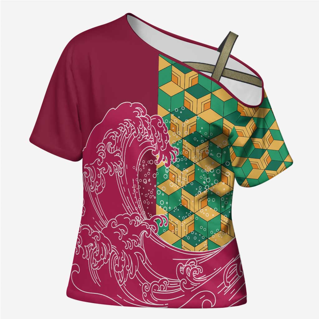 Japanese Bishamon-Kikkou Pattern Cross Shoulder Shirt Water Pillar Silent River Flow - Polynesian Pride