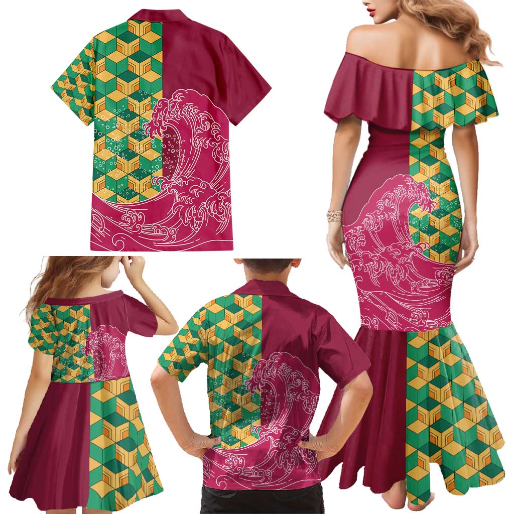 Japanese Bishamon-Kikkou Pattern Family Matching Mermaid Dress and Hawaiian Shirt Water Pillar Silent River Flow - Polynesian Pride