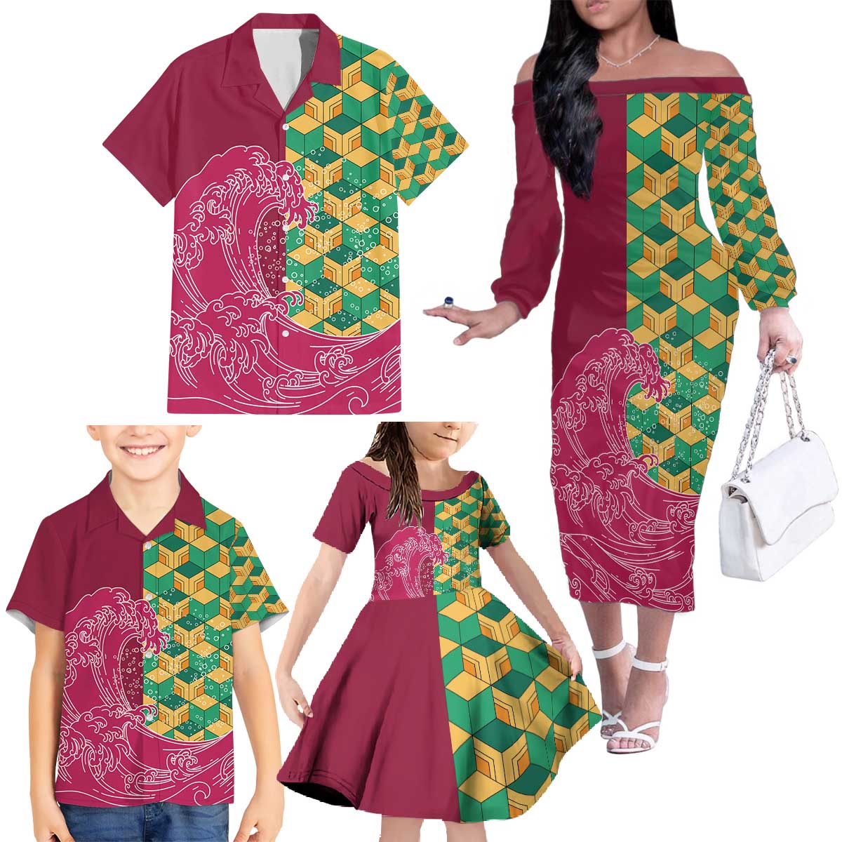 Japanese Bishamon-Kikkou Pattern Family Matching Off The Shoulder Long Sleeve Dress and Hawaiian Shirt Water Pillar Silent River Flow LT9 - Polynesian Pride