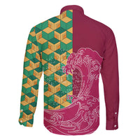 Japanese Bishamon-Kikkou Pattern Family Matching Off The Shoulder Long Sleeve Dress and Hawaiian Shirt Water Pillar Silent River Flow - Polynesian Pride