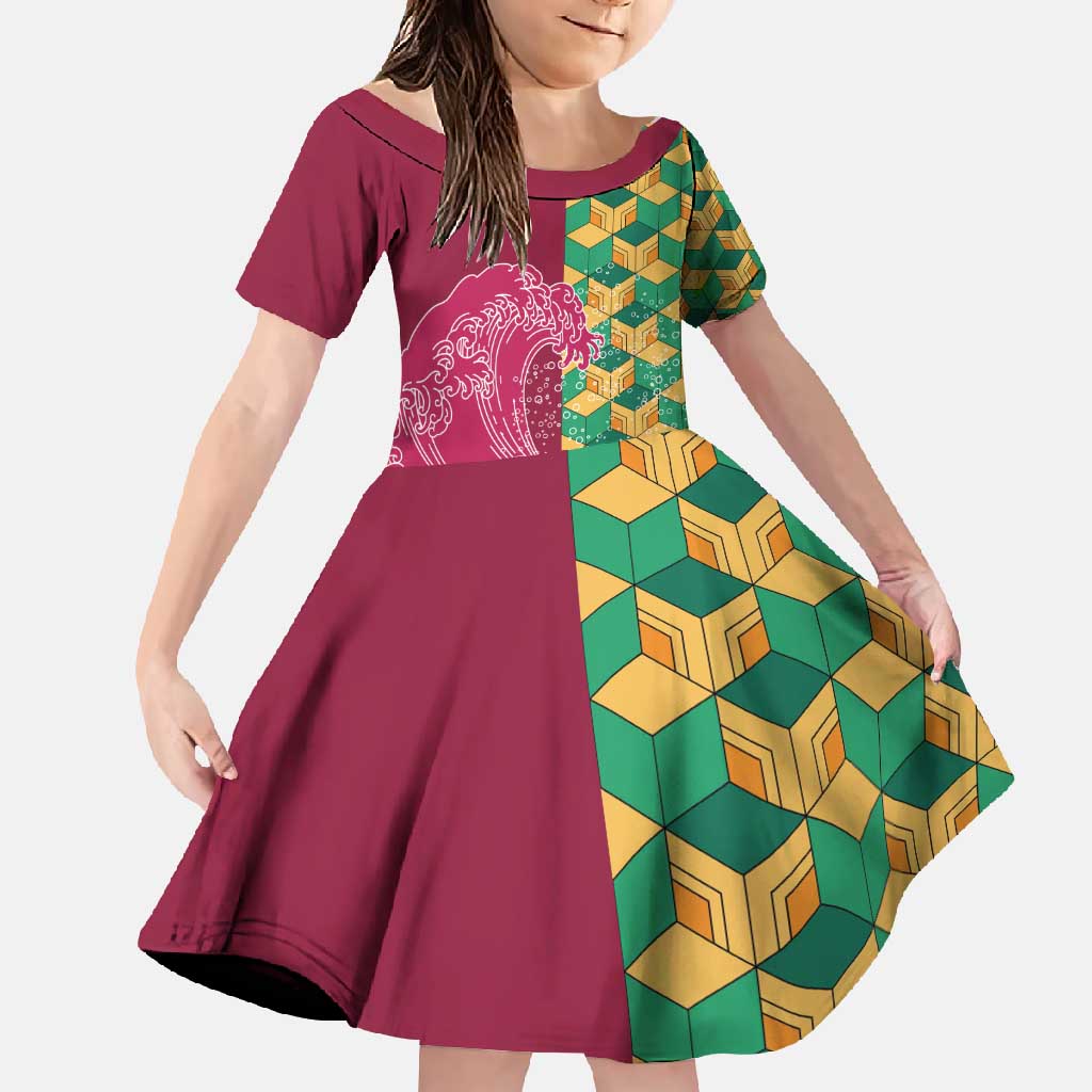 Japanese Bishamon-Kikkou Pattern Family Matching Off Shoulder Maxi Dress and Hawaiian Shirt Water Pillar Silent River Flow - Polynesian Pride