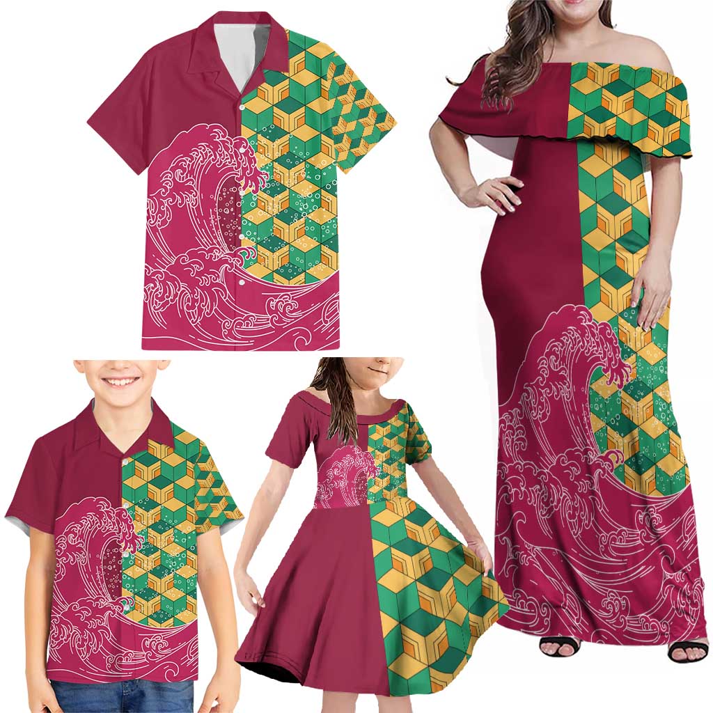 Japanese Bishamon-Kikkou Pattern Family Matching Off Shoulder Maxi Dress and Hawaiian Shirt Water Pillar Silent River Flow LT9 - Polynesian Pride