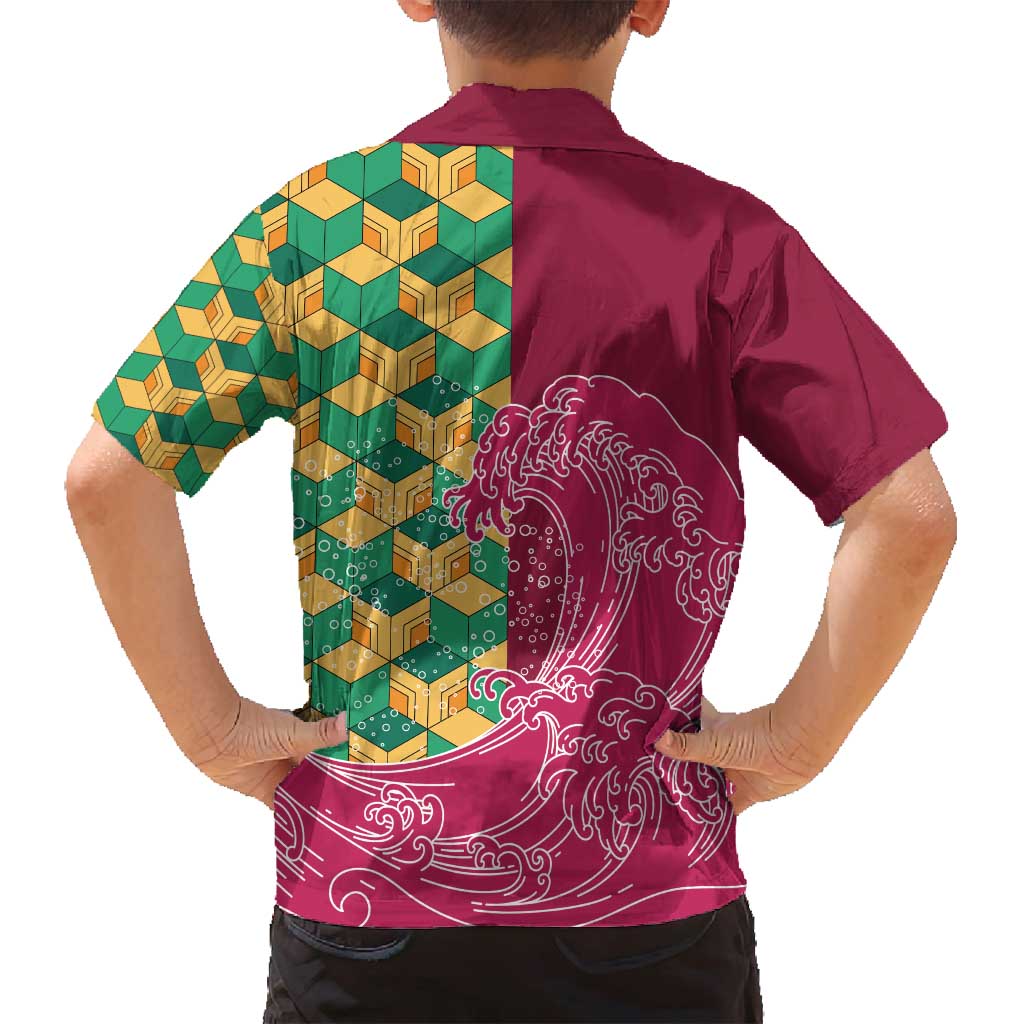 Japanese Bishamon-Kikkou Pattern Family Matching Off Shoulder Short Dress and Hawaiian Shirt Water Pillar Silent River Flow - Polynesian Pride