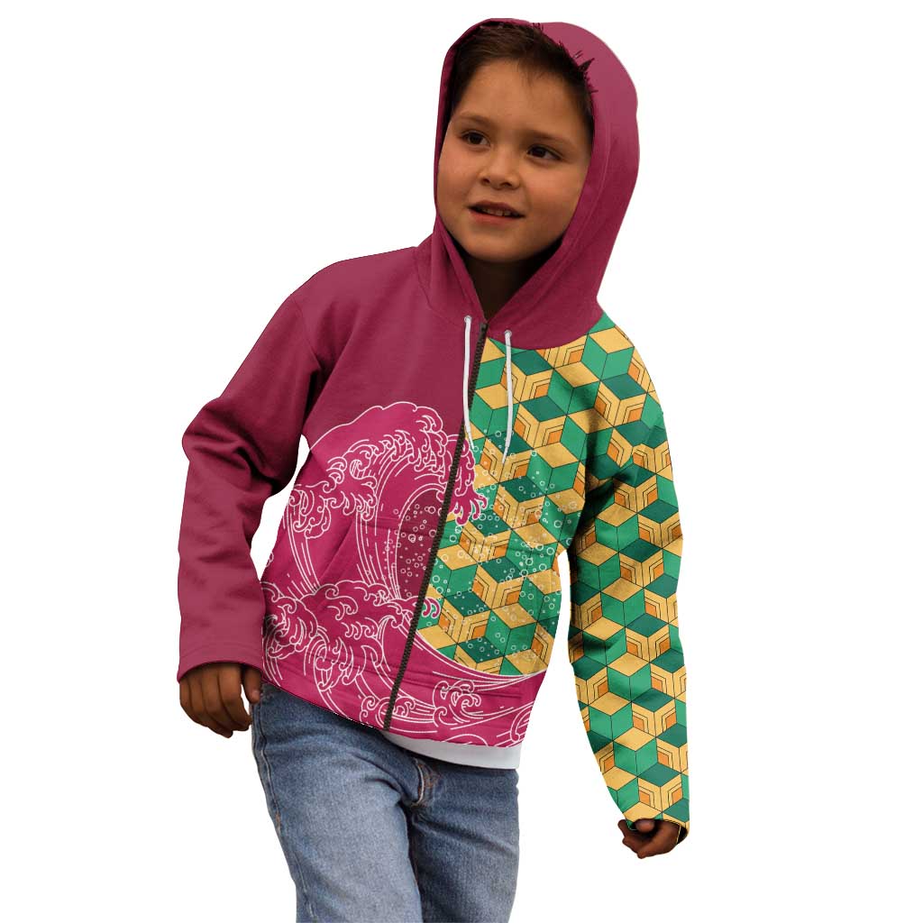 Japanese Bishamon-Kikkou Pattern Kid Hoodie Water Pillar Silent River Flow - Polynesian Pride