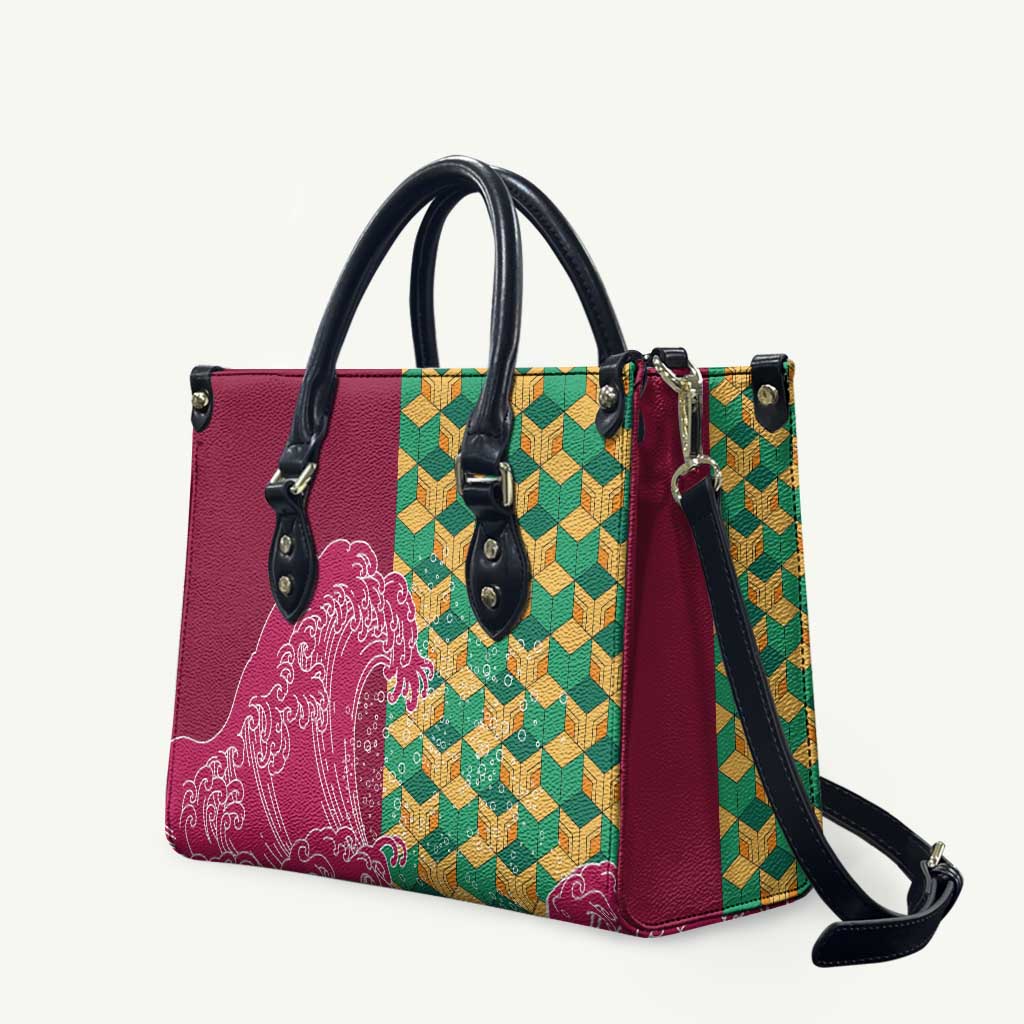 Japanese Bishamon-Kikkou Pattern Leather Bag Water Pillar Silent River Flow LT9 Burgundy - Polynesian Pride