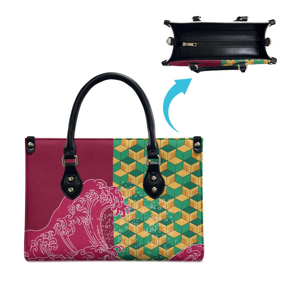 Japanese Bishamon-Kikkou Pattern Leather Bag Water Pillar Silent River Flow - Polynesian Pride