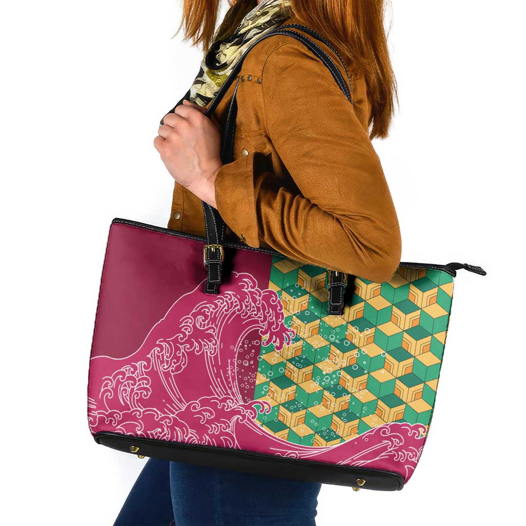 Japanese Bishamon-Kikkou Pattern Leather Tote Bag Water Pillar Silent River Flow - Polynesian Pride
