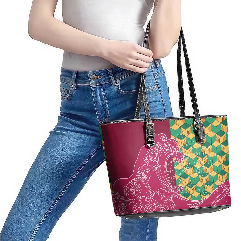 Japanese Bishamon-Kikkou Pattern Leather Tote Bag Water Pillar Silent River Flow - Polynesian Pride