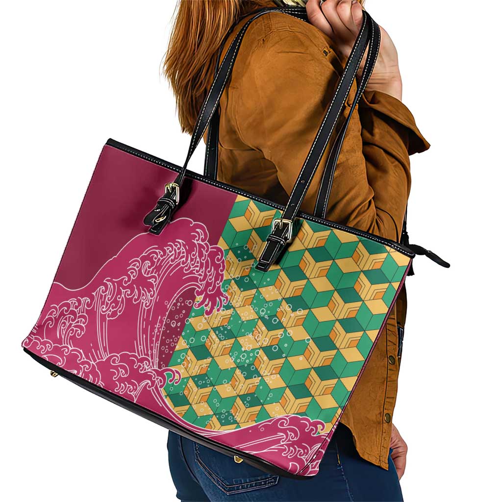 Japanese Bishamon-Kikkou Pattern Leather Tote Bag Water Pillar Silent River Flow - Polynesian Pride