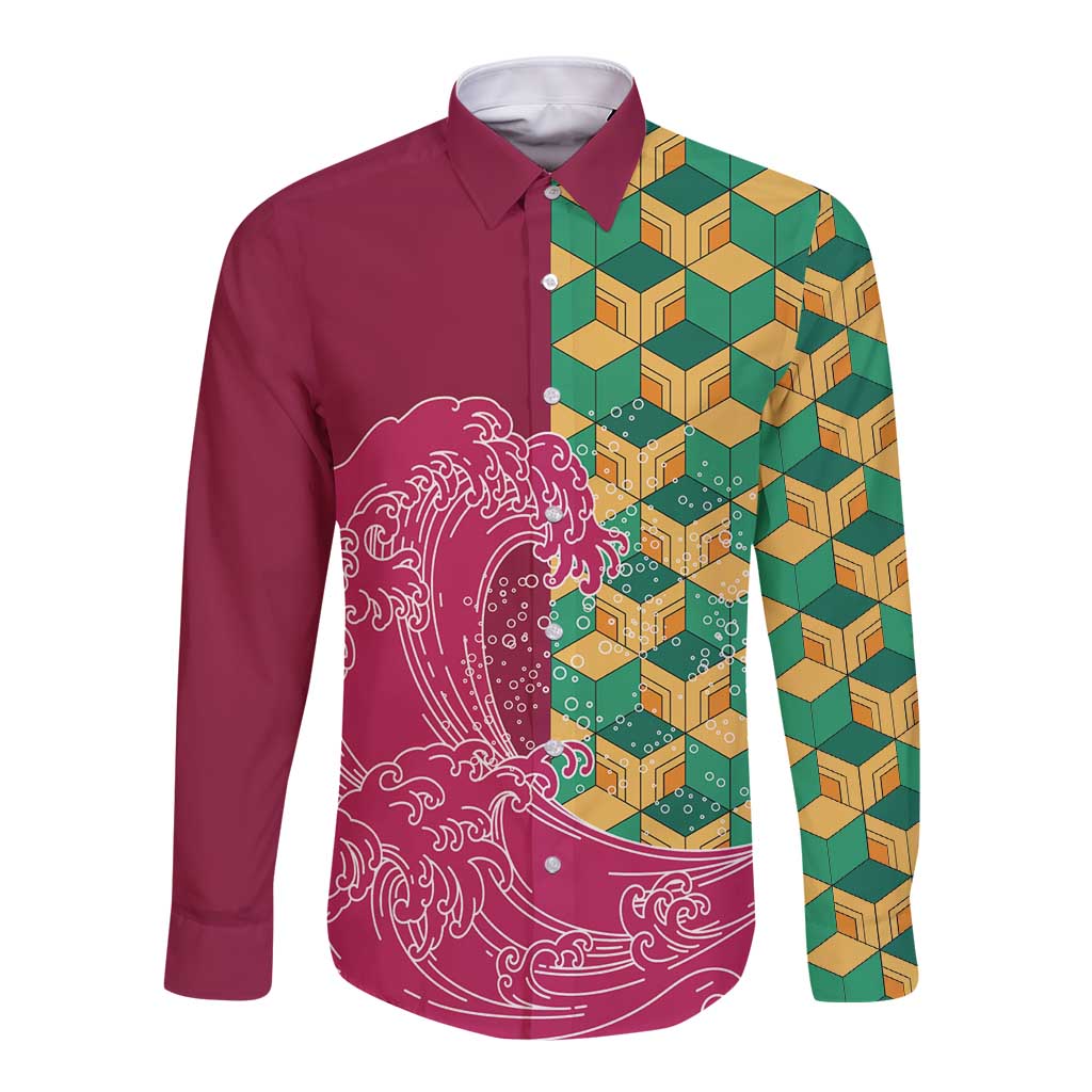 Japanese Bishamon-Kikkou Pattern Long Sleeve Button Shirt Water Pillar Silent River Flow - Polynesian Pride