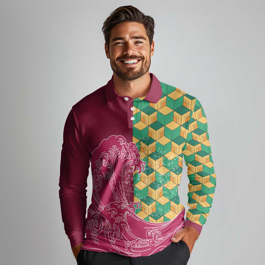 Japanese Bishamon-Kikkou Pattern Long Sleeve Polo Shirt Water Pillar Silent River Flow - Polynesian Pride