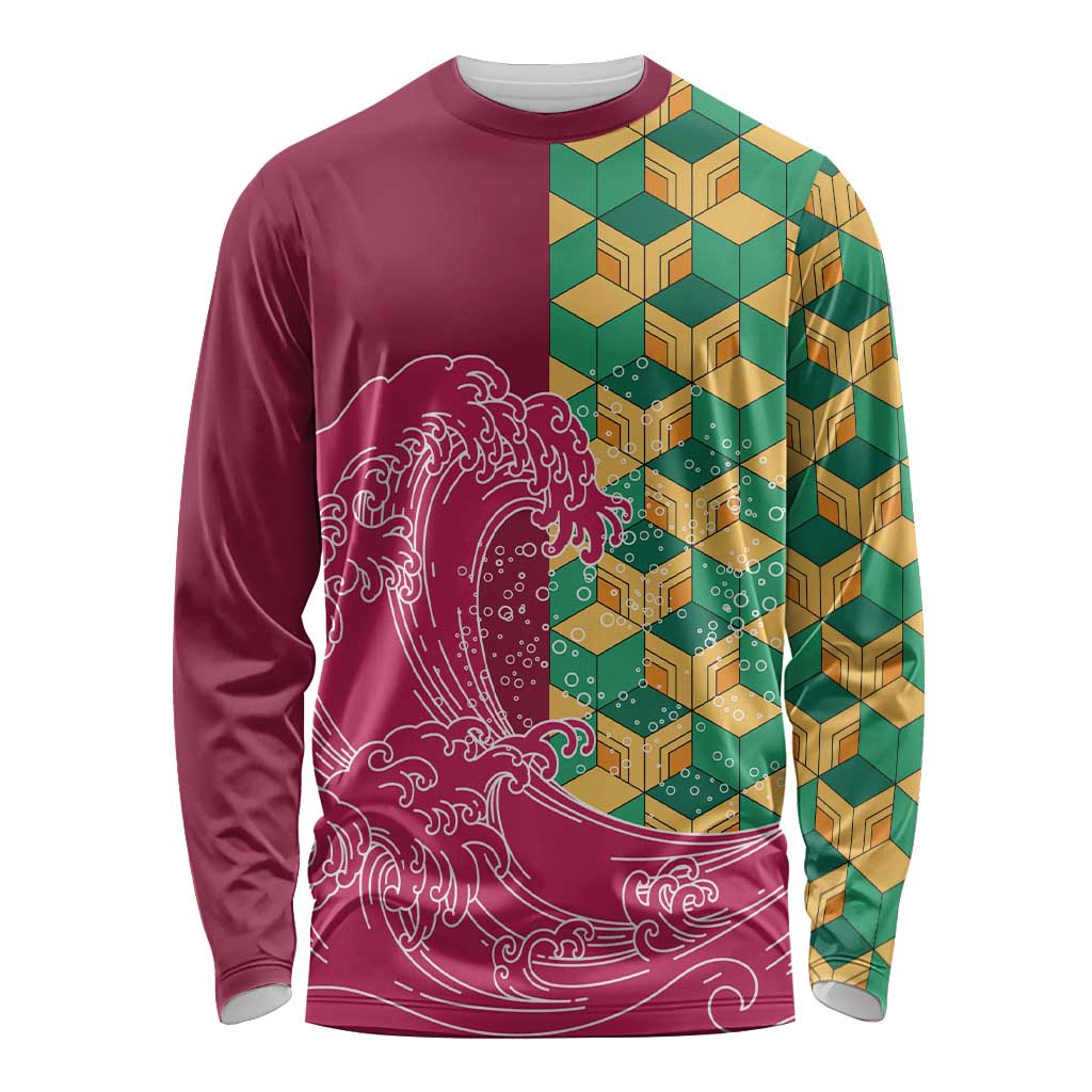 Japanese Bishamon-Kikkou Pattern Long Sleeve Shirt Water Pillar Silent River Flow - Polynesian Pride
