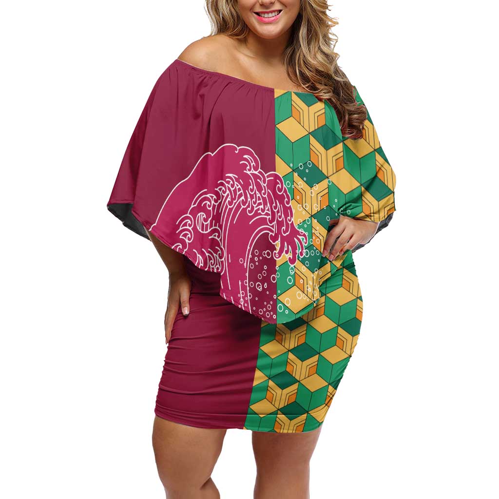 Japanese Bishamon-Kikkou Pattern Off Shoulder Short Dress Water Pillar Silent River Flow - Polynesian Pride