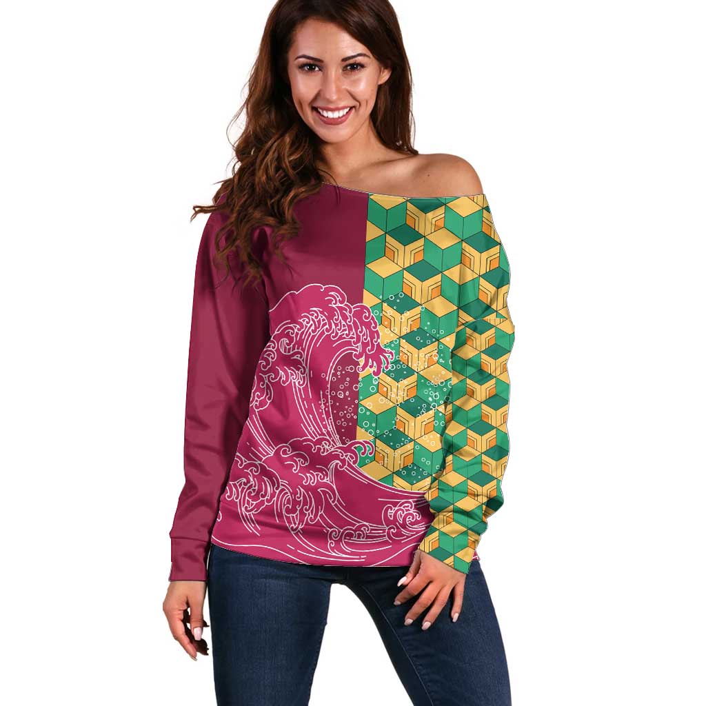 Japanese Bishamon-Kikkou Pattern Off Shoulder Sweater Water Pillar Silent River Flow - Polynesian Pride