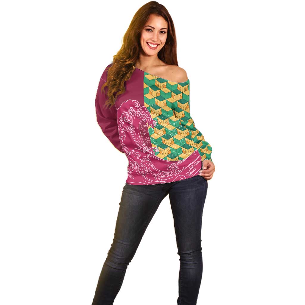 Japanese Bishamon-Kikkou Pattern Off Shoulder Sweater Water Pillar Silent River Flow - Polynesian Pride