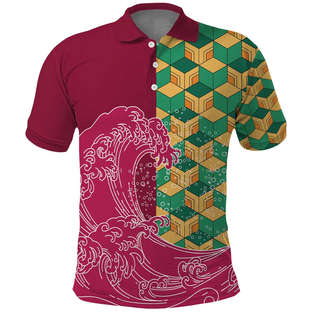 Japanese Bishamon-Kikkou Pattern Polo Shirt Water Pillar Silent River Flow - Polynesian Pride