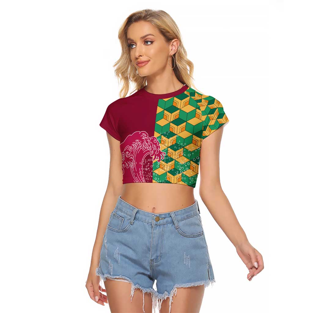 Japanese Bishamon-Kikkou Pattern Raglan Cropped T Shirt Water Pillar Silent River Flow - Polynesian Pride