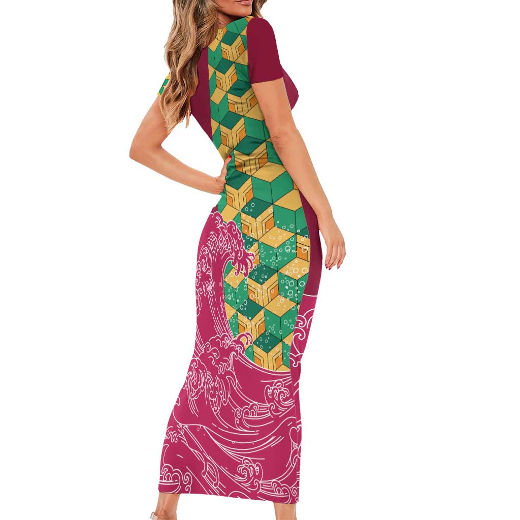 Japanese Bishamon-Kikkou Pattern Short Sleeve Bodycon Dress Water Pillar Silent River Flow - Polynesian Pride