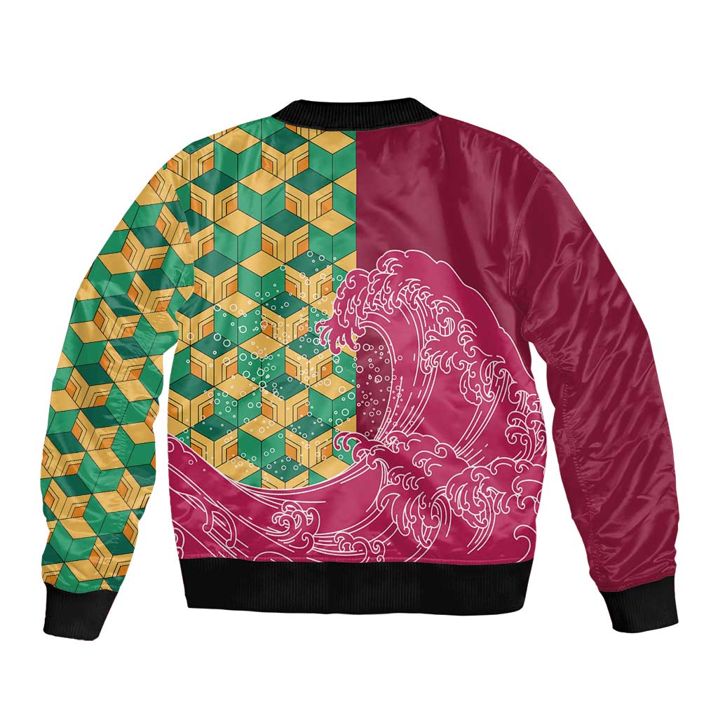 Japanese Bishamon-Kikkou Pattern Sleeve Zip Bomber Jacket Water Pillar Silent River Flow - Polynesian Pride