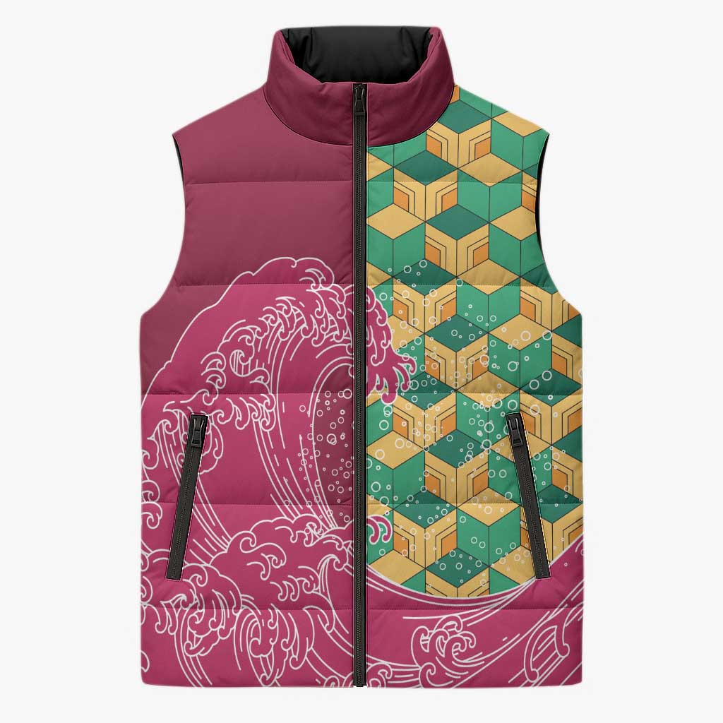 Japanese Bishamon-Kikkou Pattern Sleeveless Puffer Jacket Water Pillar Silent River Flow - Polynesian Pride