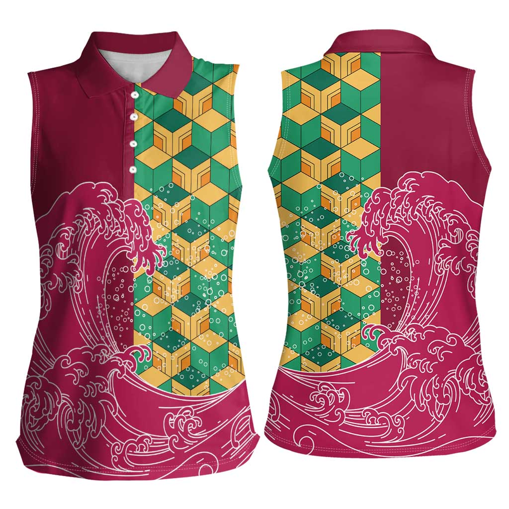 Japanese Bishamon-Kikkou Pattern Women Sleeveless Polo Shirt Water Pillar Silent River Flow - Polynesian Pride
