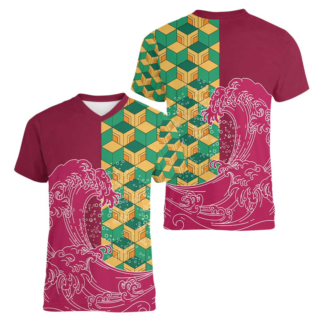 Japanese Bishamon-Kikkou Pattern Women V-Neck T-Shirt Water Pillar Silent River Flow - Polynesian Pride