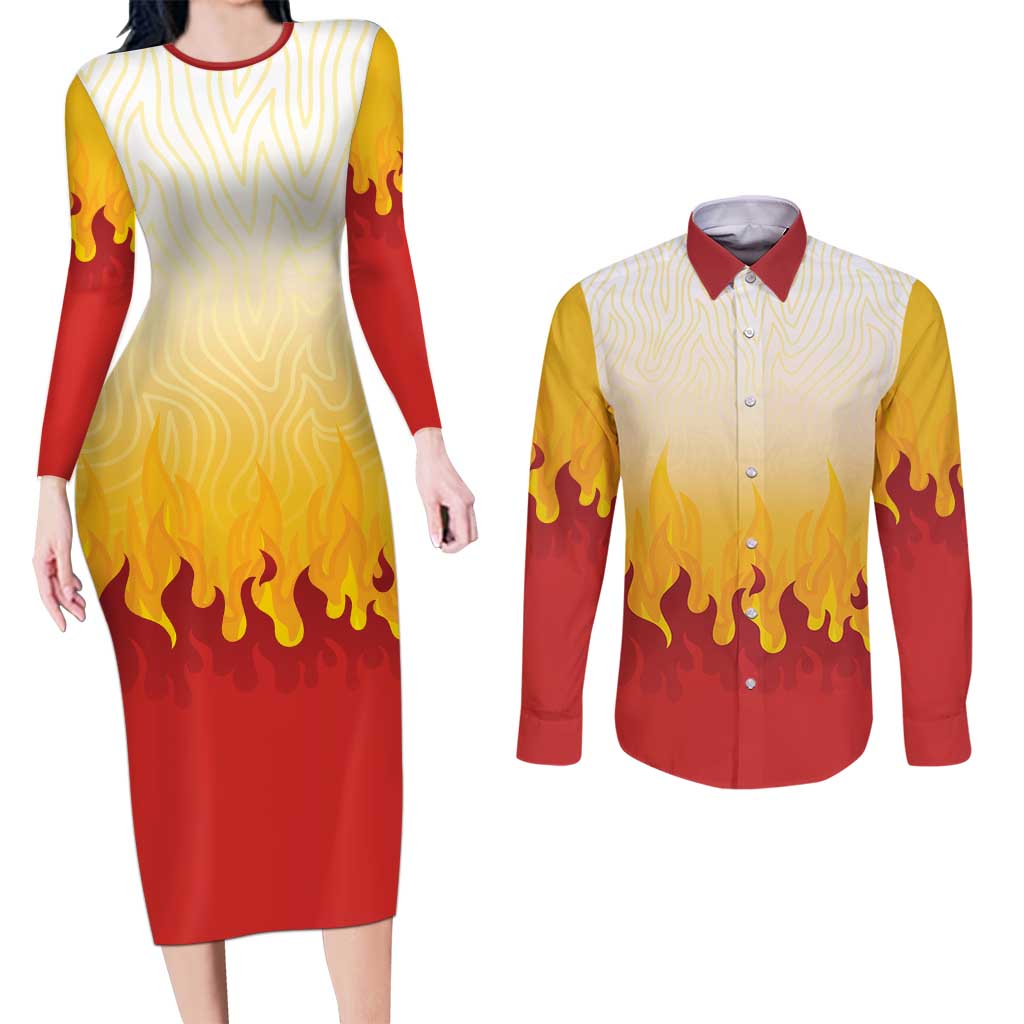 Japanese Kaen Pattern Couples Matching Long Sleeve Bodycon Dress and Long Sleeve Button Shirt Flame Pillar Blazing Lion Heart - Polynesian Pride