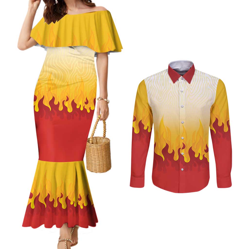Japanese Kaen Pattern Couples Matching Mermaid Dress and Long Sleeve Button Shirt Flame Pillar Blazing Lion Heart - Polynesian Pride