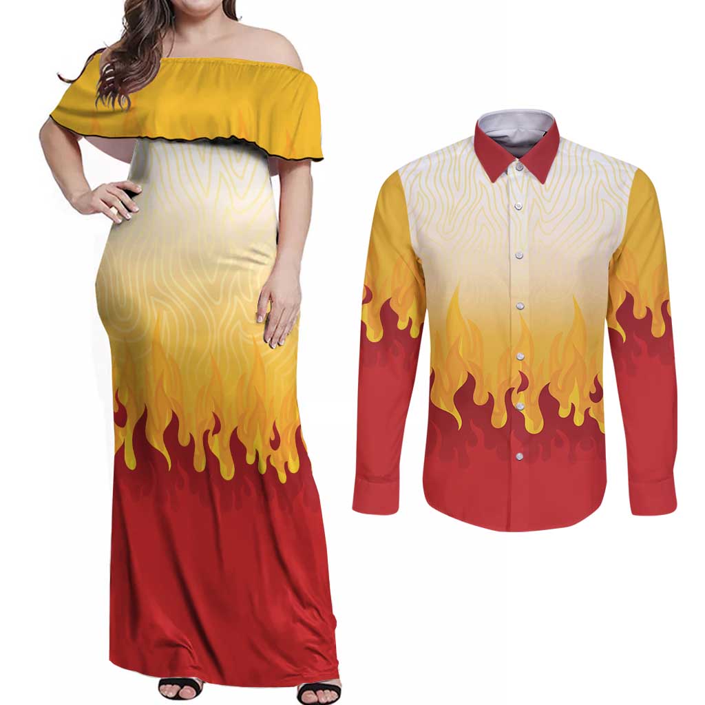Japanese Kaen Pattern Couples Matching Off Shoulder Maxi Dress and Long Sleeve Button Shirt Flame Pillar Blazing Lion Heart - Polynesian Pride
