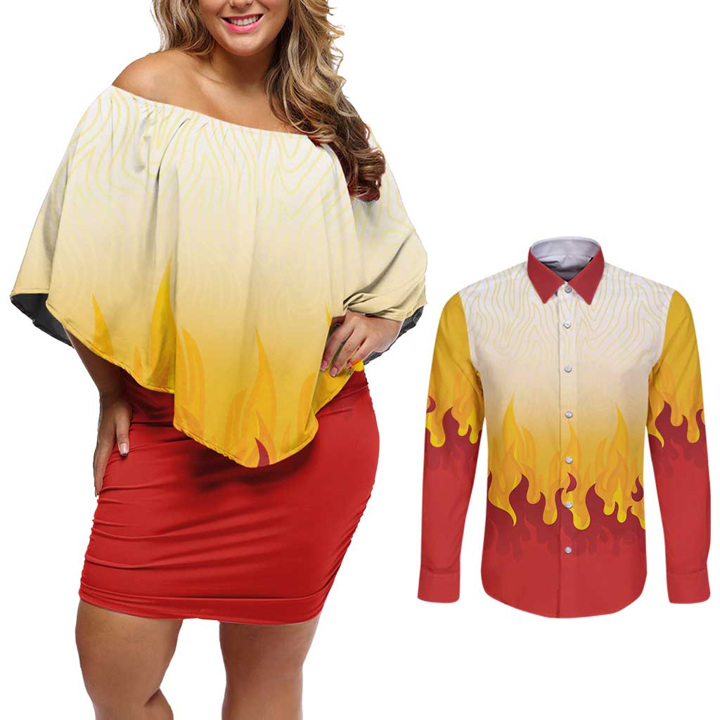 Japanese Kaen Pattern Couples Matching Off Shoulder Short Dress and Long Sleeve Button Shirt Flame Pillar Blazing Lion Heart - Polynesian Pride