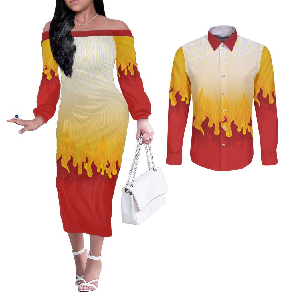 Japanese Kaen Pattern Couples Matching Off The Shoulder Long Sleeve Dress and Long Sleeve Button Shirt Flame Pillar Blazing Lion Heart - Polynesian Pride
