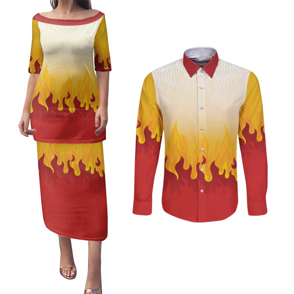 Japanese Kaen Pattern Couples Matching Puletasi and Long Sleeve Button Shirt Flame Pillar Blazing Lion Heart - Polynesian Pride