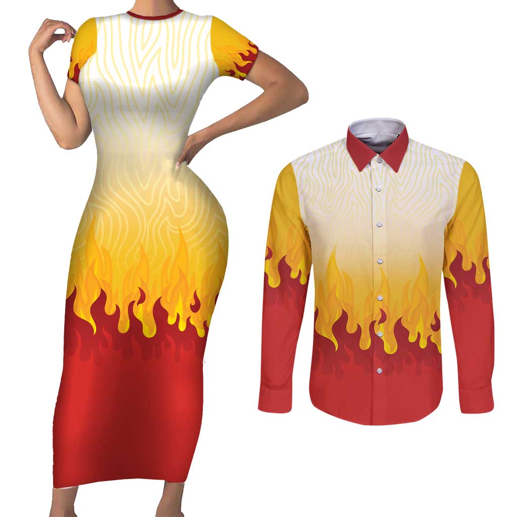 Japanese Kaen Pattern Couples Matching Short Sleeve Bodycon Dress and Long Sleeve Button Shirt Flame Pillar Blazing Lion Heart - Polynesian Pride
