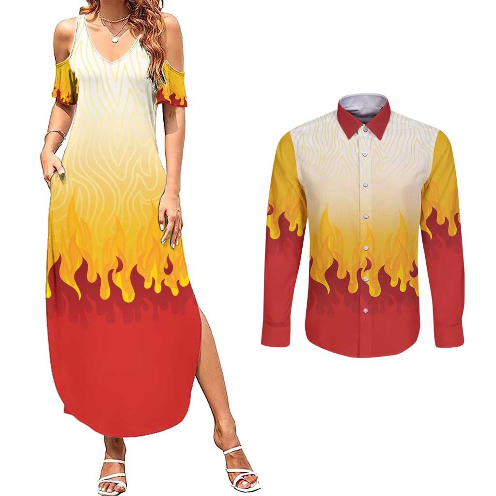 Japanese Kaen Pattern Couples Matching Summer Maxi Dress and Long Sleeve Button Shirt Flame Pillar Blazing Lion Heart - Polynesian Pride