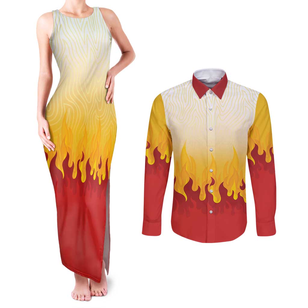 Japanese Kaen Pattern Couples Matching Tank Maxi Dress and Long Sleeve Button Shirt Flame Pillar Blazing Lion Heart - Polynesian Pride
