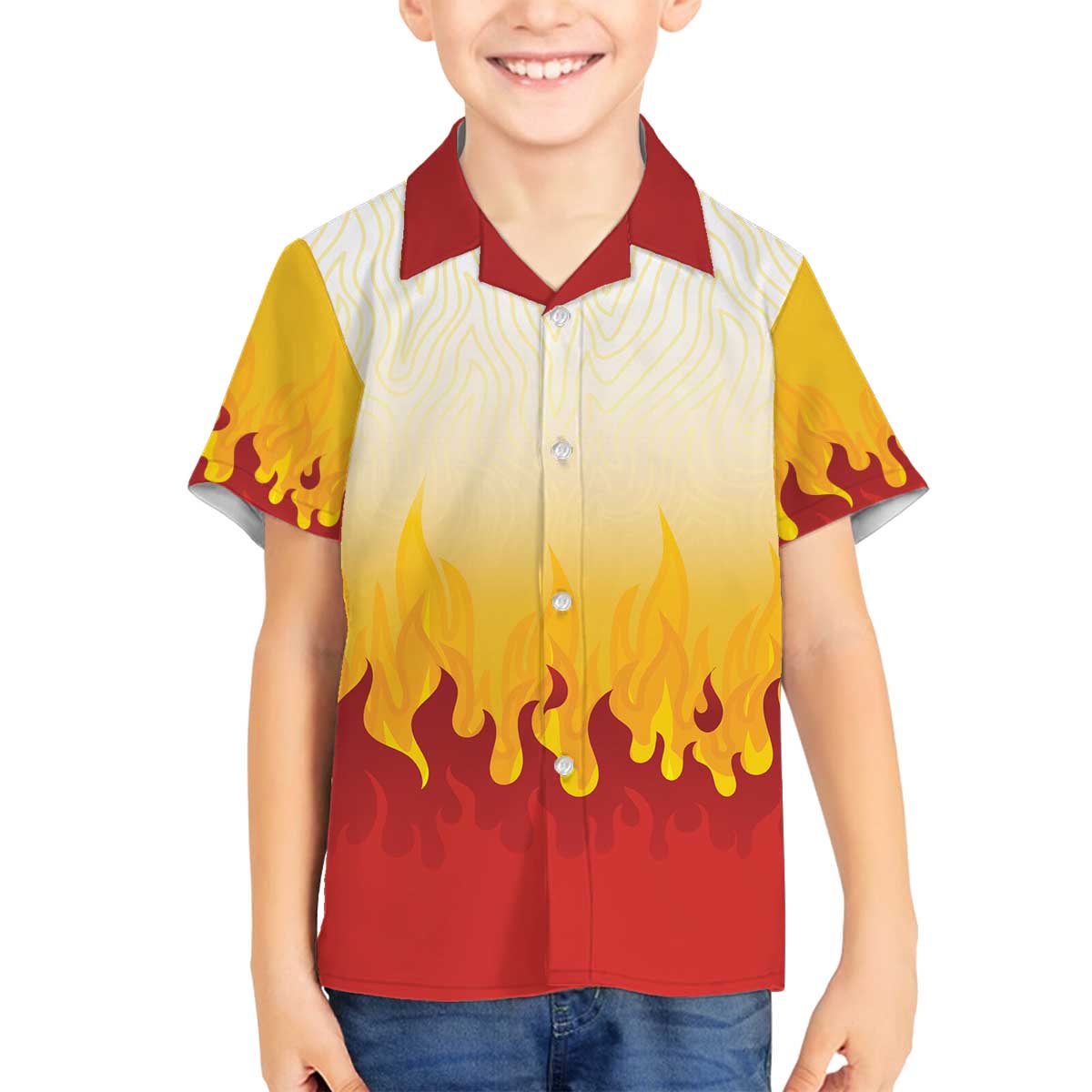 Japanese Kaen Pattern Family Matching Off The Shoulder Long Sleeve Dress and Hawaiian Shirt Flame Pillar Blazing Lion Heart LT9 Son's Shirt Red - Polynesian Pride