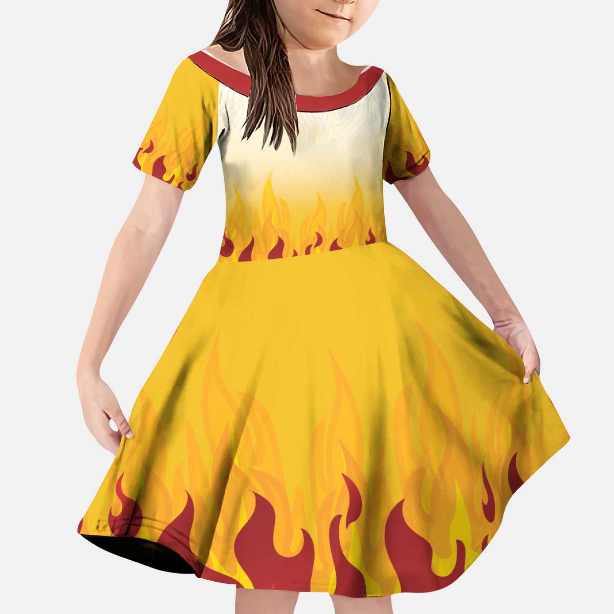Japanese Kaen Pattern Kid Short Sleeve Dress Flame Pillar Blazing Lion Heart - Polynesian Pride