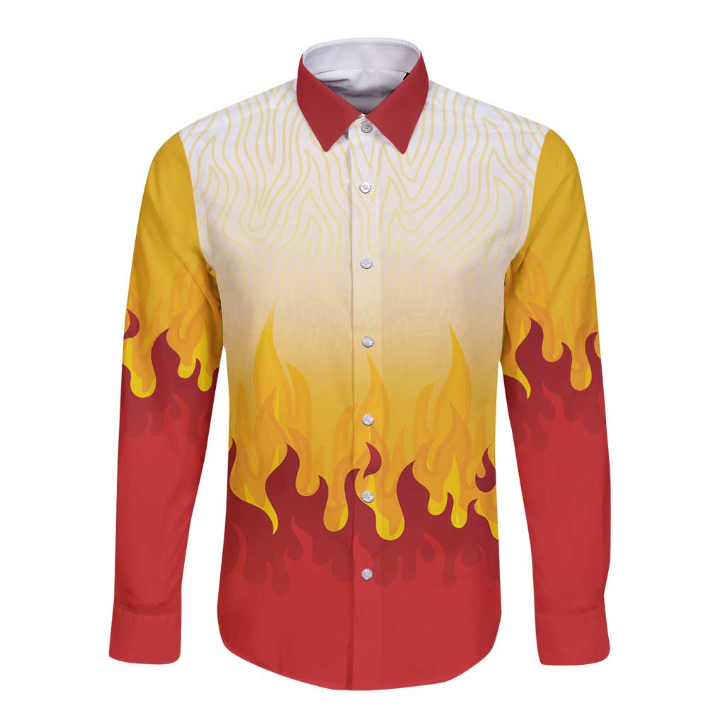 Japanese Kaen Pattern Long Sleeve Button Shirt Flame Pillar Blazing Lion Heart - Polynesian Pride
