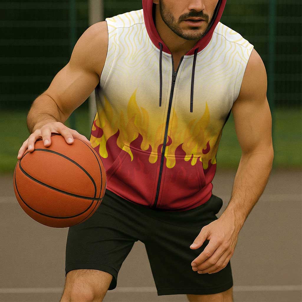 Japanese Kaen Pattern Sleeveless Zip Hoodie Flame Pillar Blazing Lion Heart - Polynesian Pride